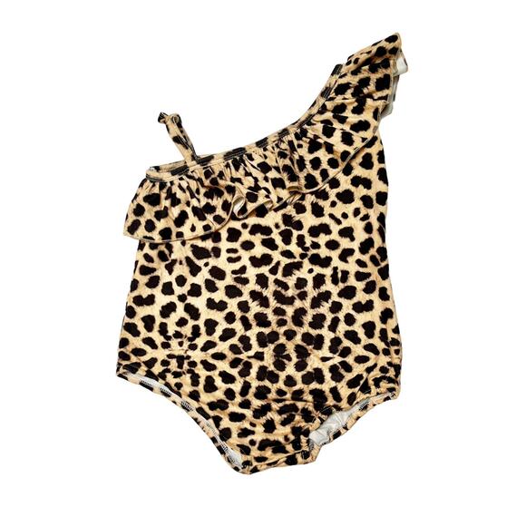 Ruffle Shoulder Leopard Print Swim Suit Size 5/6 - Picture 1 of 5